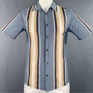 Boss Men's Blue Shirt with Cream and Brown Stripes